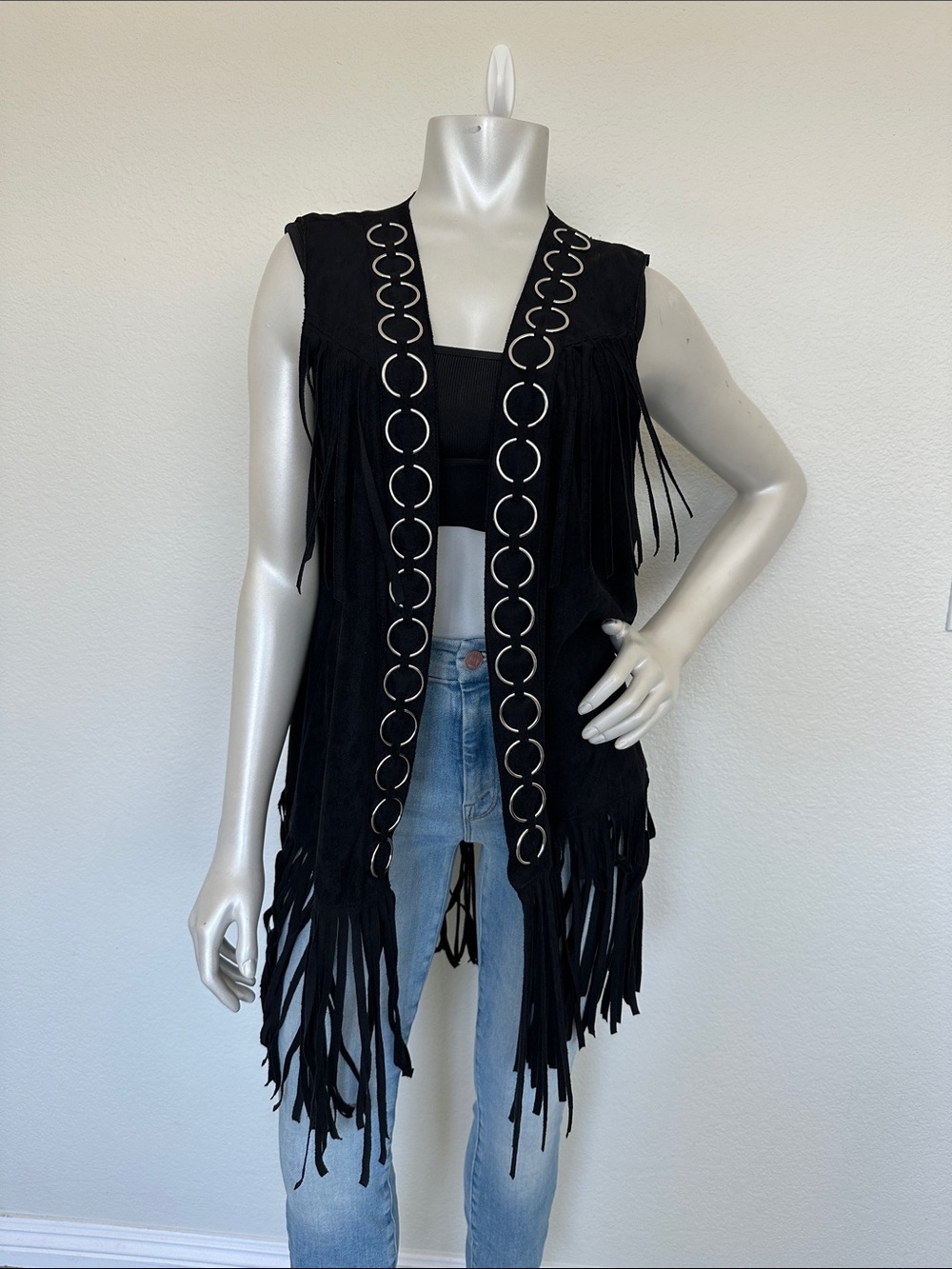 Vocal Black Fringe Vest with Metal Ring Detail